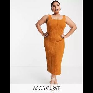 NWT ASOS DESIGN Curve mesh square neck rib midi dress. Rust. 18.